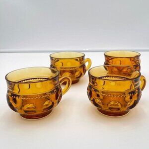 Vintage Short King's Crown Thumbprint Amber Glass Tea Cups